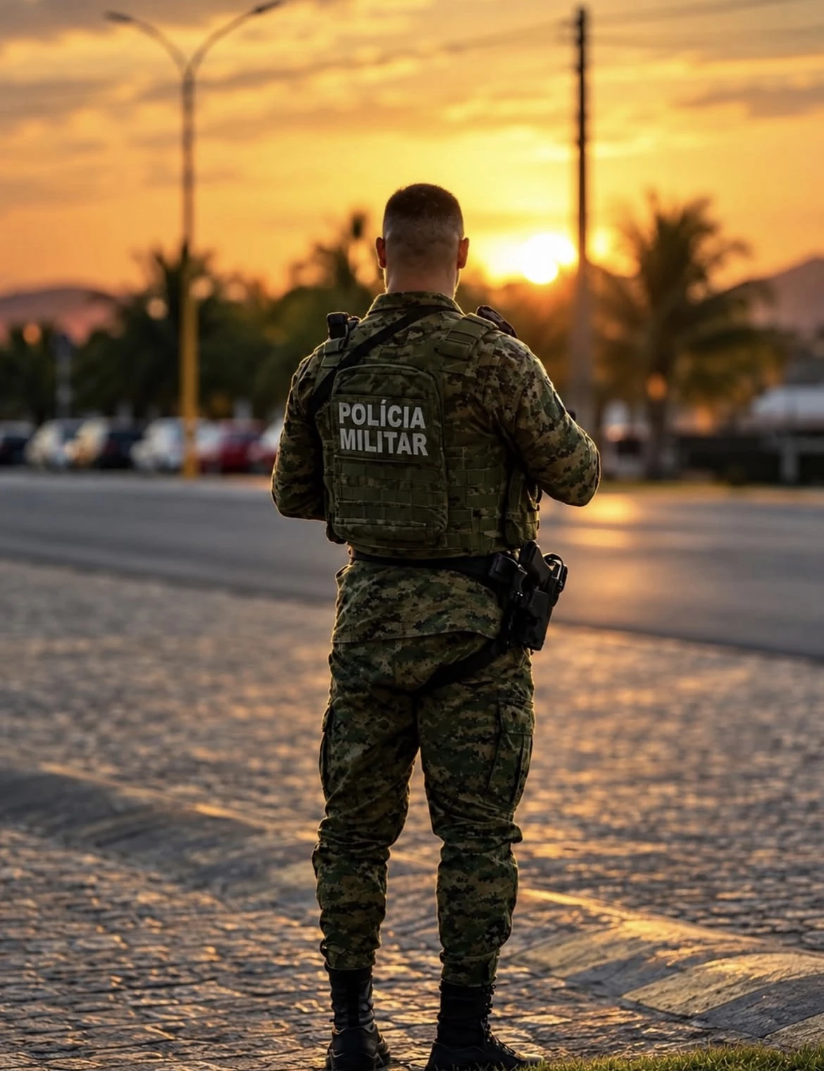 Policial de costas com uniforme tático ao pôr do sol, imagem enviada pelo responsável do site